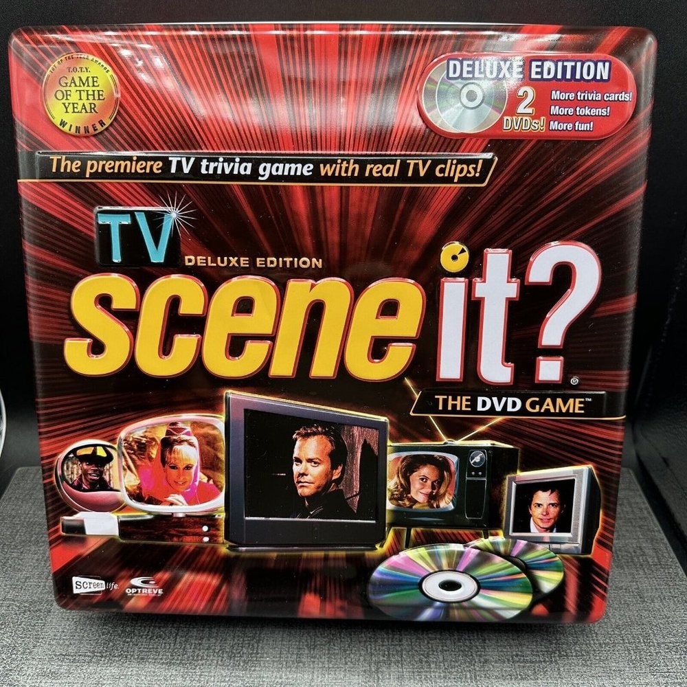 Scene It TV Deluxe Edition 2005 Complete DVD Trivia Game 70s 80s 90s Tin